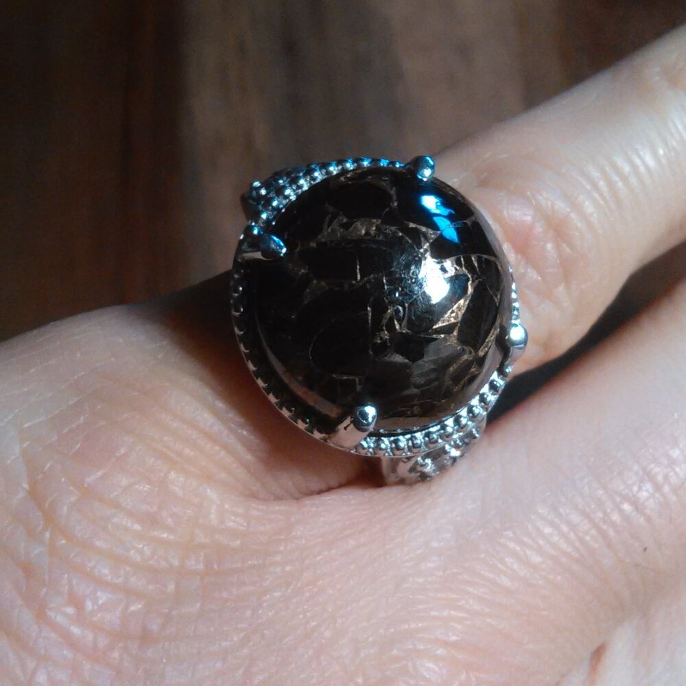 Matrix Silver Shungite and White Zircon Stainless Steel Ring (Size 5)
